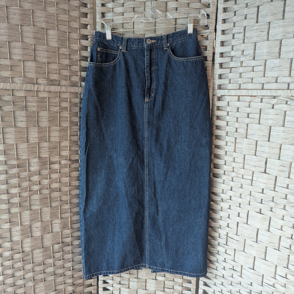 Vtg 90s Denim Skirt Blue High Waisted Midi Slit 6P Classic Cotton Medium Wash